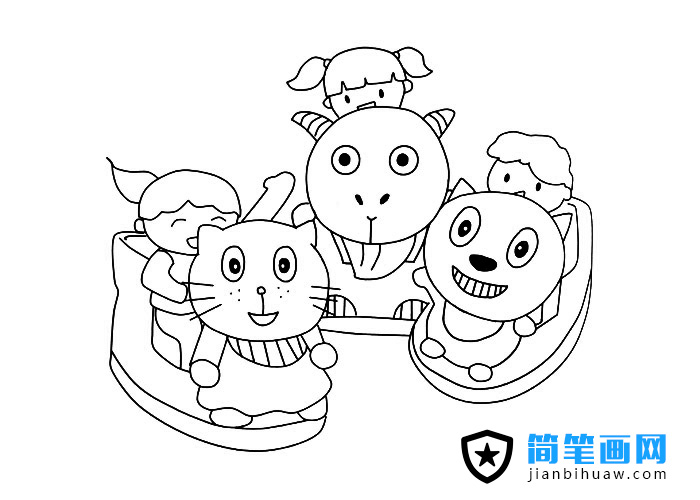 三個小朋友在玩喜洋洋搖搖車的簡筆畫圖片