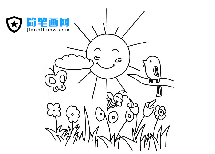 大太陽(yáng)下鳥(niǎo)語(yǔ)花香的美麗場(chǎng)景簡(jiǎn)筆畫(huà)