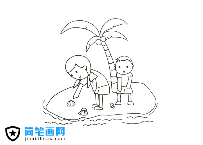 姐弟倆在島上岸邊撿貝殼的簡筆畫圖片