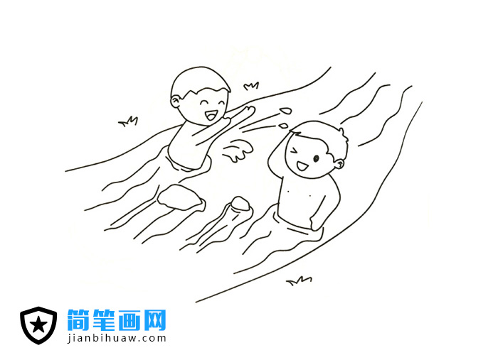 兩個小孩子在河里游泳戲水的簡筆畫圖片