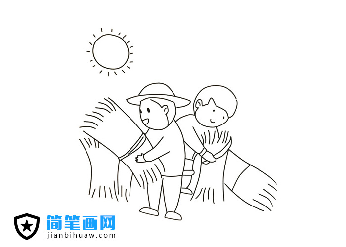 烈日下收割農(nóng)民伯伯收割麥子的簡筆畫圖片