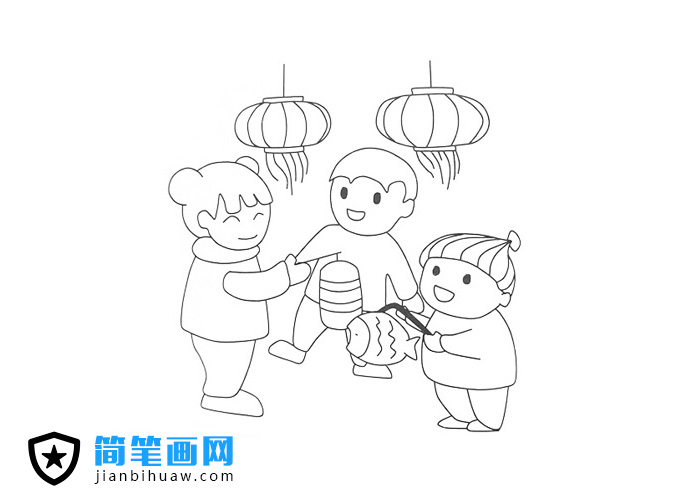 三個小朋友一起玩燈籠的簡筆畫圖片