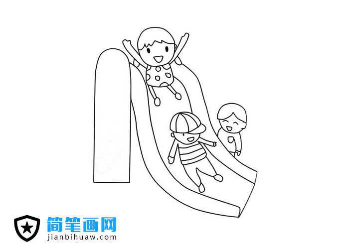 三個小朋友在玩滑滑梯的簡筆畫圖片