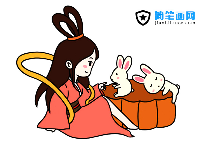 嫦娥在和兩只小兔子玩耍的簡筆畫圖片