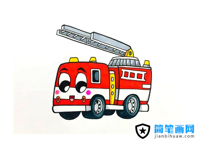 卡通119消防車(chē)簡(jiǎn)筆畫(huà)圖片含上色