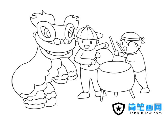 敲鑼打鼓舞獅的簡(jiǎn)筆畫(huà)圖片
