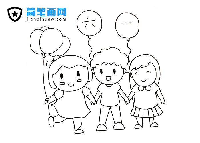 三個小朋友六一兒童節玩氣球的簡筆畫圖片