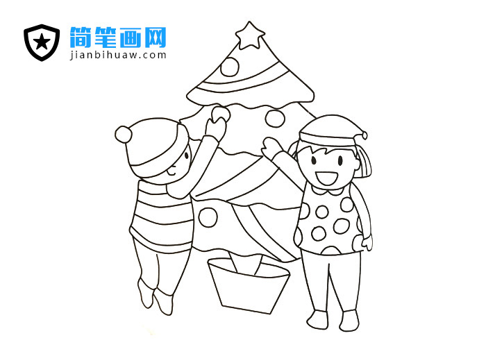 圣誕節(jié)兩位小朋友摘圣誕樹(shù)上蘋(píng)果的簡(jiǎn)筆畫(huà)圖片
