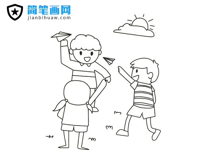 三位小朋友在戶外玩紙飛機的簡筆畫圖片