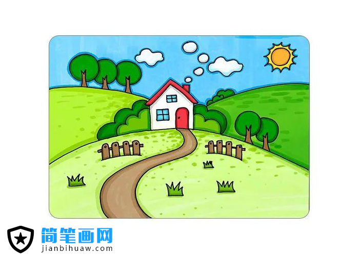 美麗的村莊簡(jiǎn)筆畫圖片含上色
