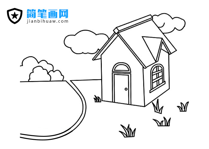 河邊美麗的小房子風景簡筆畫