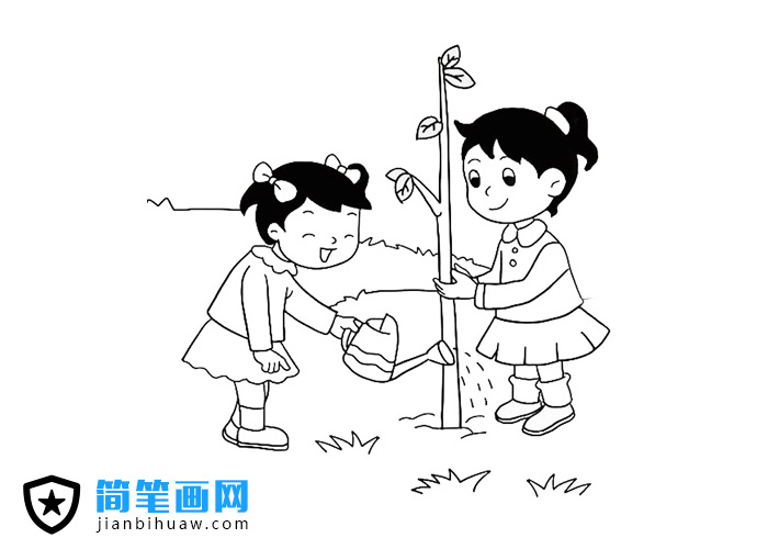 兩位小朋友在植樹澆水的簡(jiǎn)筆畫圖片