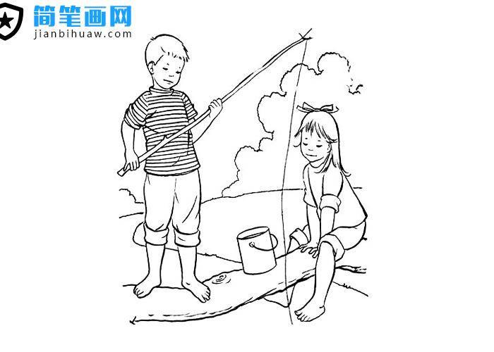 男孩女孩在小河上釣魚的簡筆畫圖片