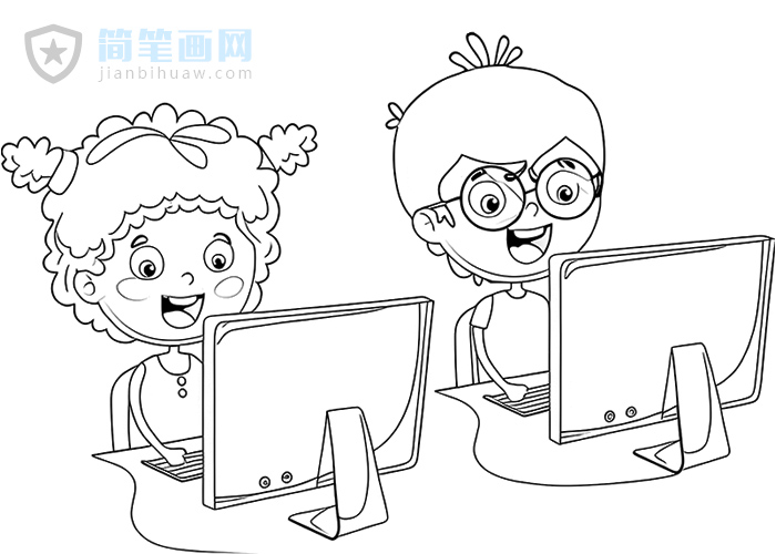 兩位小朋友在一起上編程課的簡筆畫圖片