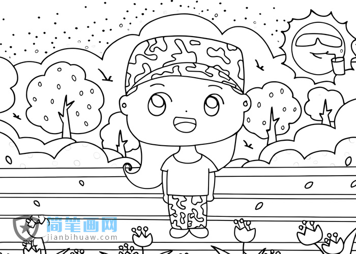 女生在烈日下軍訓的簡筆畫圖片